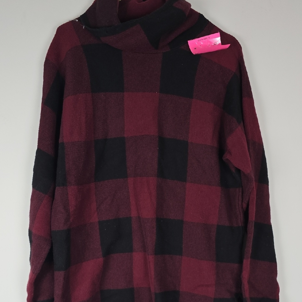 Adrienne Vittadini Burgundy and Black Checkered Turtleneck Sweater
